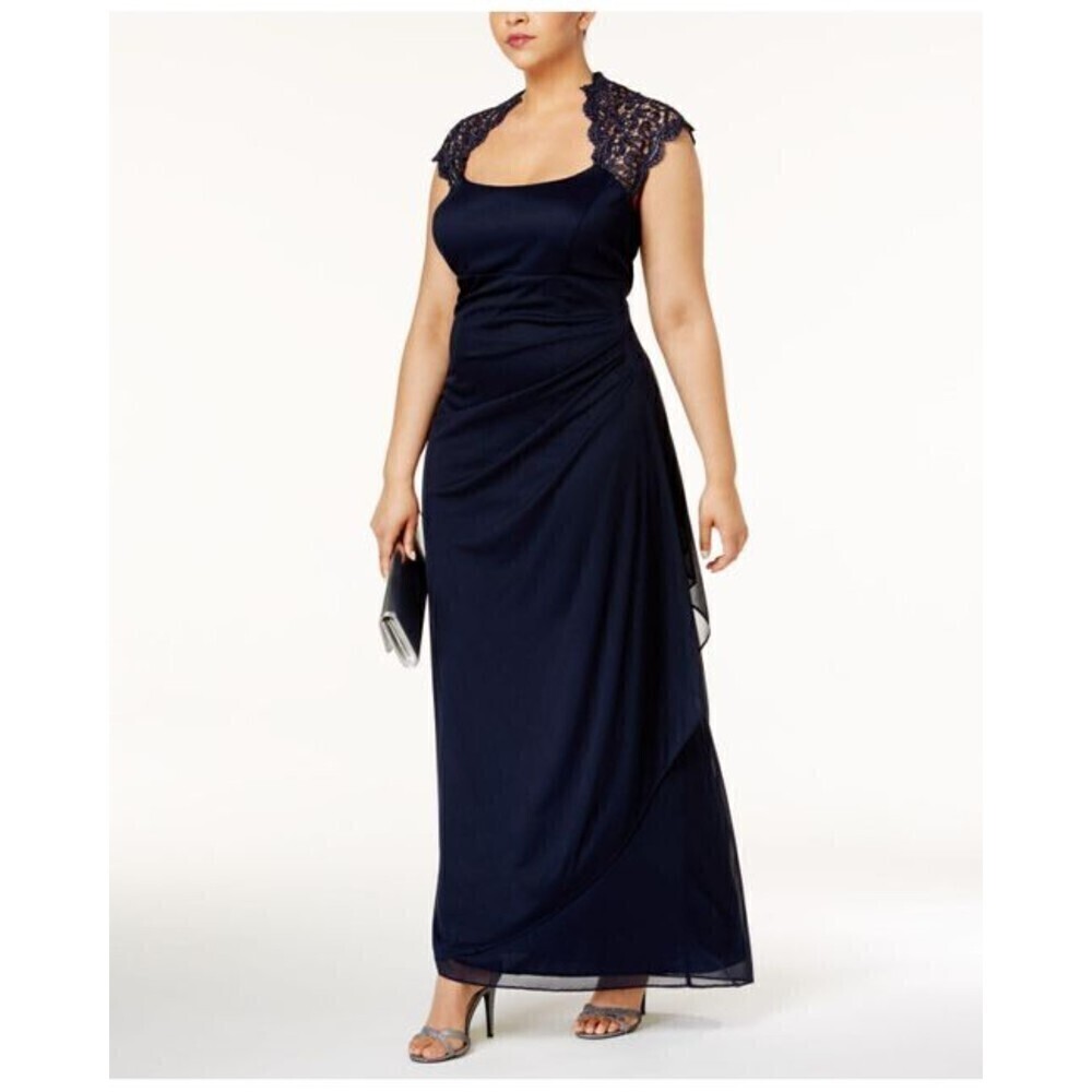 XSCAPE Navy Blue Lace Top Ruched Side Maxi Gown Formal Dress Size 4 Petite